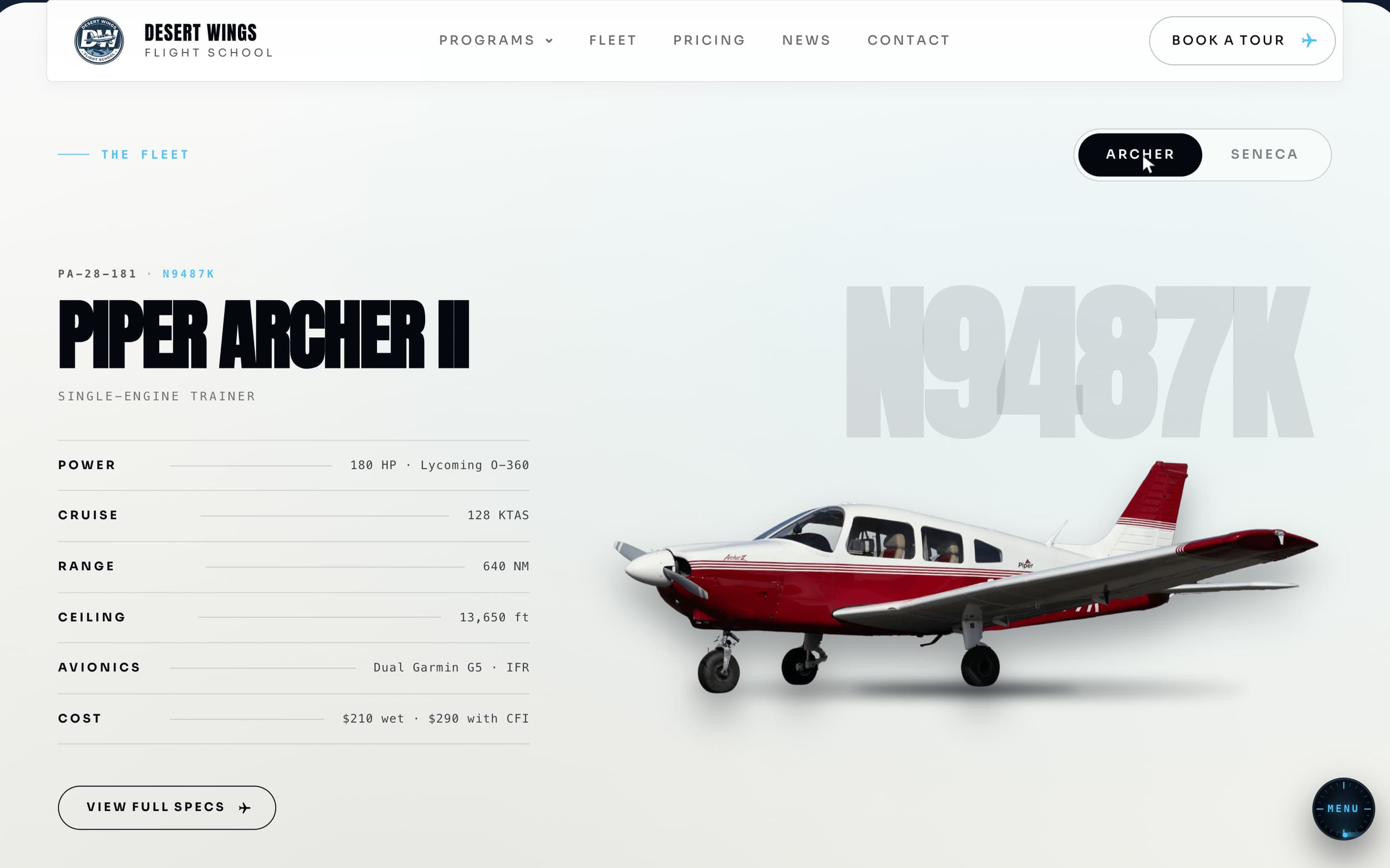 The Desert Wings fleet gallery switching from the Piper Archer II to the Seneca II and back