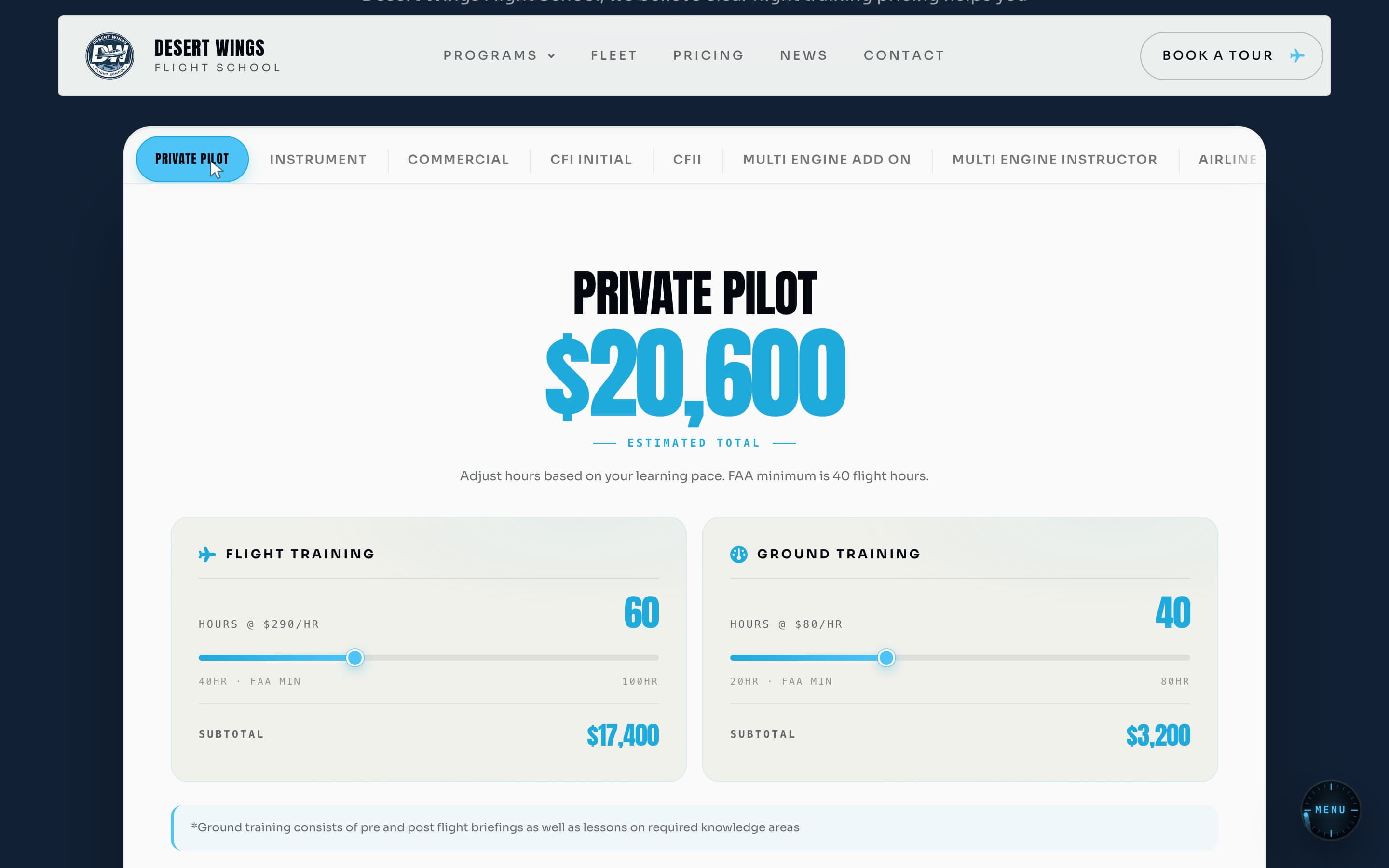 The Desert Wings cost calculator stepping through Private Pilot, Instrument and Commercial, ending on Private Pilot's $20,600 estimate