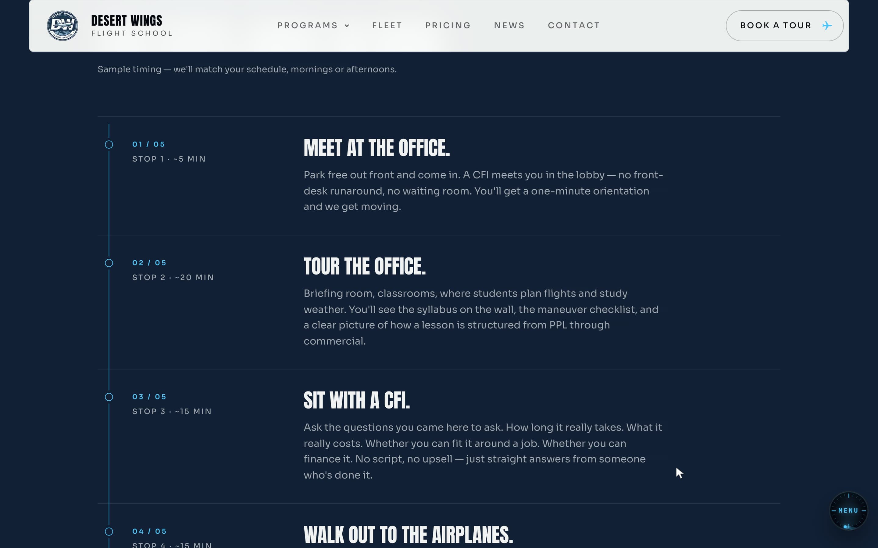 The Desert Wings tour page: “See the office before you sign anything.” and its five stops